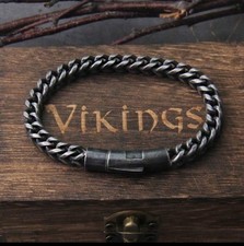 Men's black and silver stainless steel curb chain bracelet, Viking style, 21 cm.