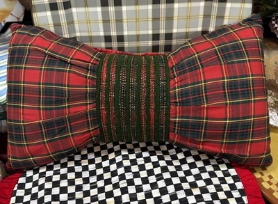 New Mackenzie Childs Red Tartan Retired Bow Pillow Beaded 20” Long - Image 1 of 4