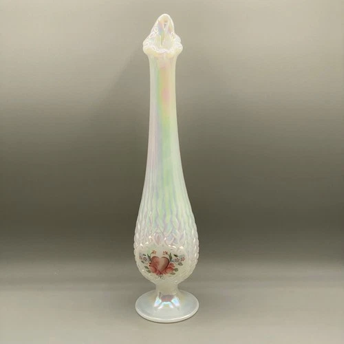 Fenton Pearl Opalescent Glass Weaved Hand Painted Heart & Flowers Swung Vase 11”