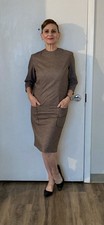 New, vintage, handmade dress, 4-6 S, 3/4 Sleeves, Pockets, Zipper, Brown Cotton.