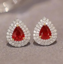 14K White Gold Plated 3Ct Pear Cut Lab Created Pink Ruby Women's Stud Earrings