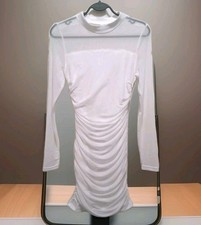 NEW White Mesh Ruched Bodycon Mini Dress Womens Sz Small Party Dress Clubbing 