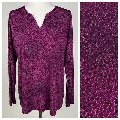 SUSAN GRAVER L/S Split Neck 'Animal Print Liquid Knit Top' - M, Plum