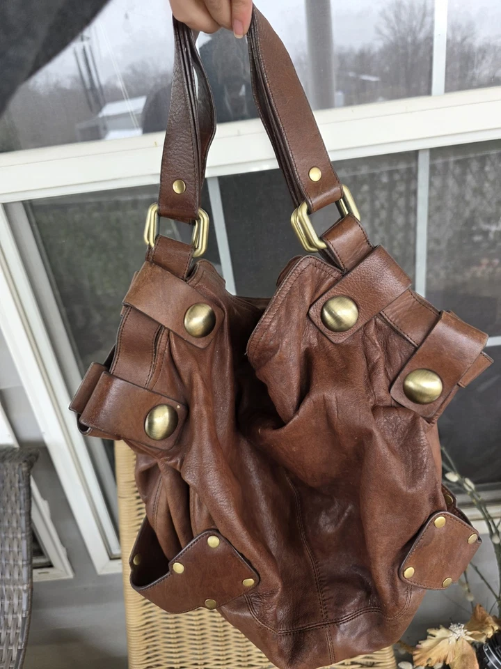 Bolso de Hombro Kooba Cuero Marrón Hobo Grunge Doble Correa Bolso de Mano Envejecido Foto 2 de 4