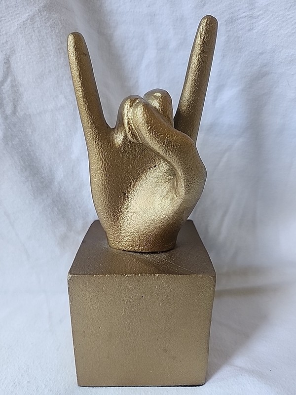 Metal Hand Sculpture Rock And Roll w/Cube Base Art Deco- Abstract