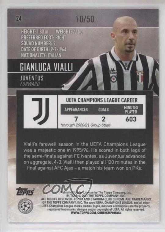 2020-21 Topps Stadium Club Chrome UCL Gold Refractor /50 Gianluca Vialli #24 - Image 2 of 2