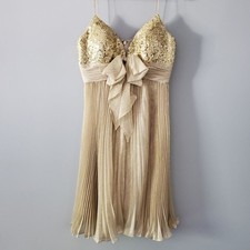Sherri Hill Gold Sequin Sweetheart Bra Pleated Silk Metallic Skirt Dress Size 4