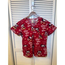 Disney Mickey Minnie Mouse Kiss Red Scrub Top Mock Wrap V-Neck Small MK12B521