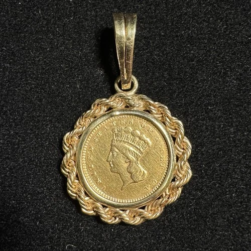 1856 $1 Gold Indian Princess Head Large Head Coin W/ 14K Bezel & Bail
