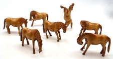Vintage SEVEN Set Chinese Hand Carved Minature Horse Figurines Wooden Lt Brown