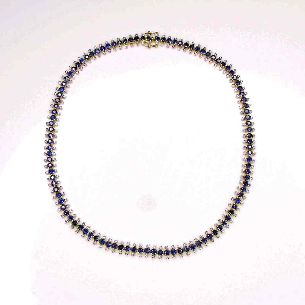 Stunning 29.3ctw Unheated Deep Blue Sapphire Diamond 14K Tennis Necklace image 7