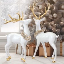 2-Pack Deer Set White Reindeer Christmas Greeter Statues w/ Gold Antlers Wreath