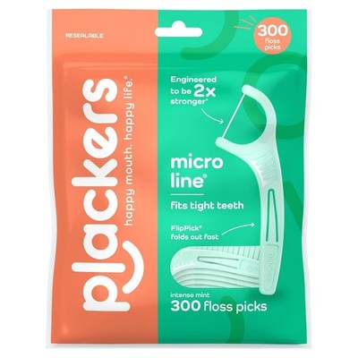 Plackers  Micro Line  Floss Picks - Mint, Floss Fiber Made Without PTFE, 300 Ct