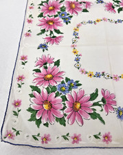 Vintage Cotton Hankie Stunning Bright Pink Daisies w Blue Yellow Flowers 13.5"
