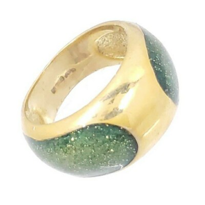 Vintage Gaston Lebo Pauly Signed Gold Over Sterling Green Sparkly Enamel Ring s8