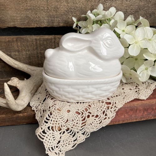 Vtg Bunny Candy Dish Japan Rabbit Ceramic Glaze Easter Egg Trinket White Lid - Picture 2 of 6