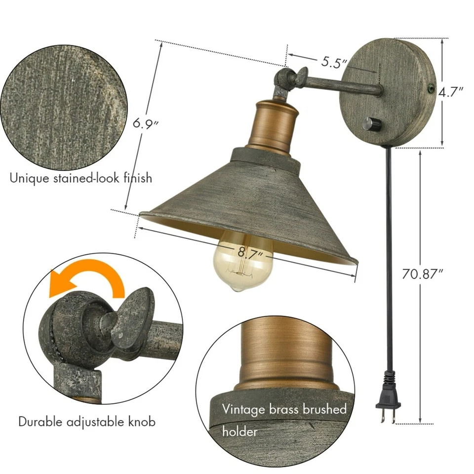 Farmhouse Plug-In Wall Sconce Set of 2 with On/Off Switch Bedroom Wall Lighting - Image 3 of 4