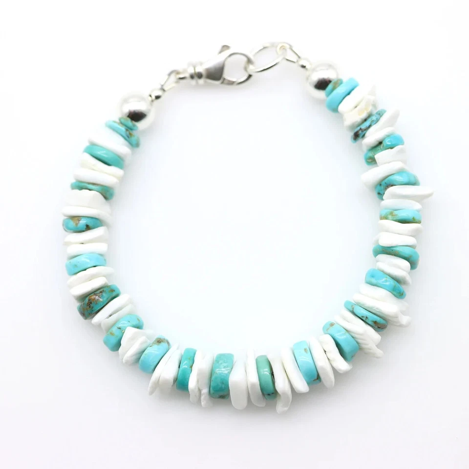 Arizona Turquoise & 10mm White Heishi Wafer Seashell Modern Bohemian Bracelet - Image 4 of 4