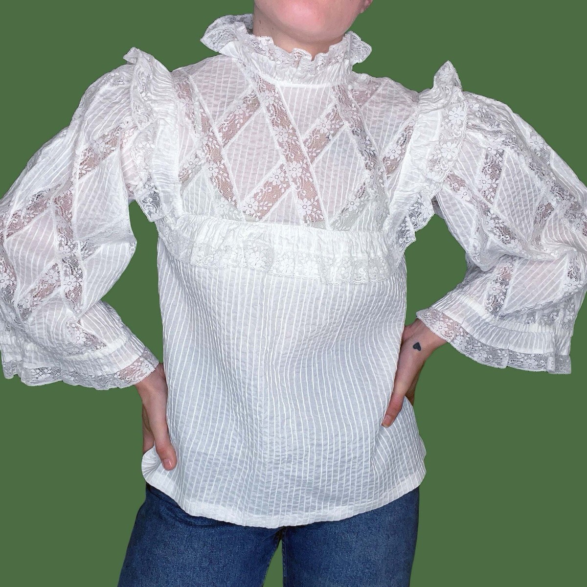 VTG 60s/70s High Neck Ruffle Collar Victorian Style Vintage Lace 