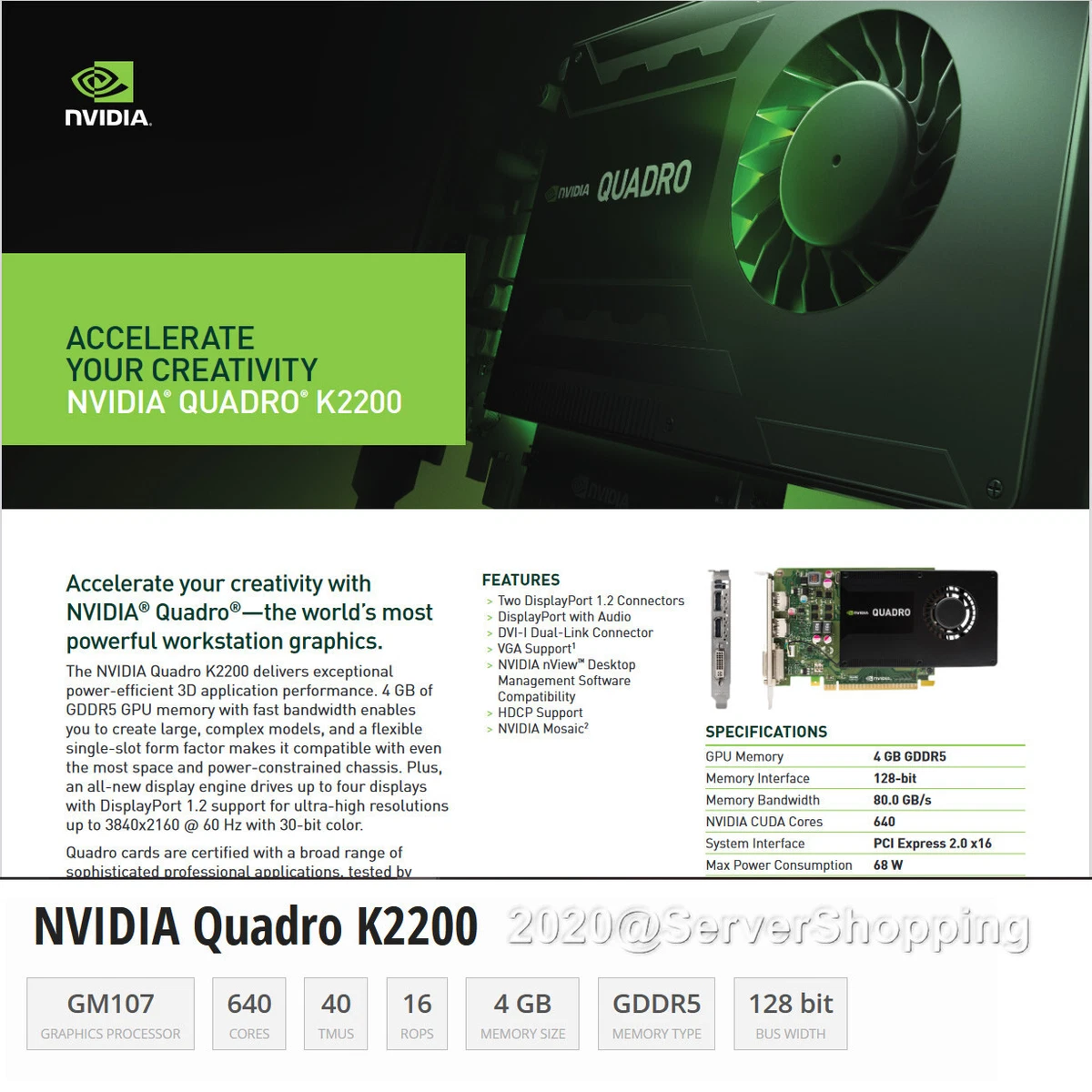 NVIDIA Quadro K2200 4GB GDDR5 Graphics Card PCIe J3G88AA 765148