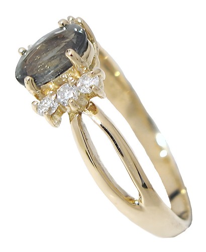 18k Gelbgold, natürlicher hellgrüner Farbsaphir mit runden Diamanten - Bild 3 von 7