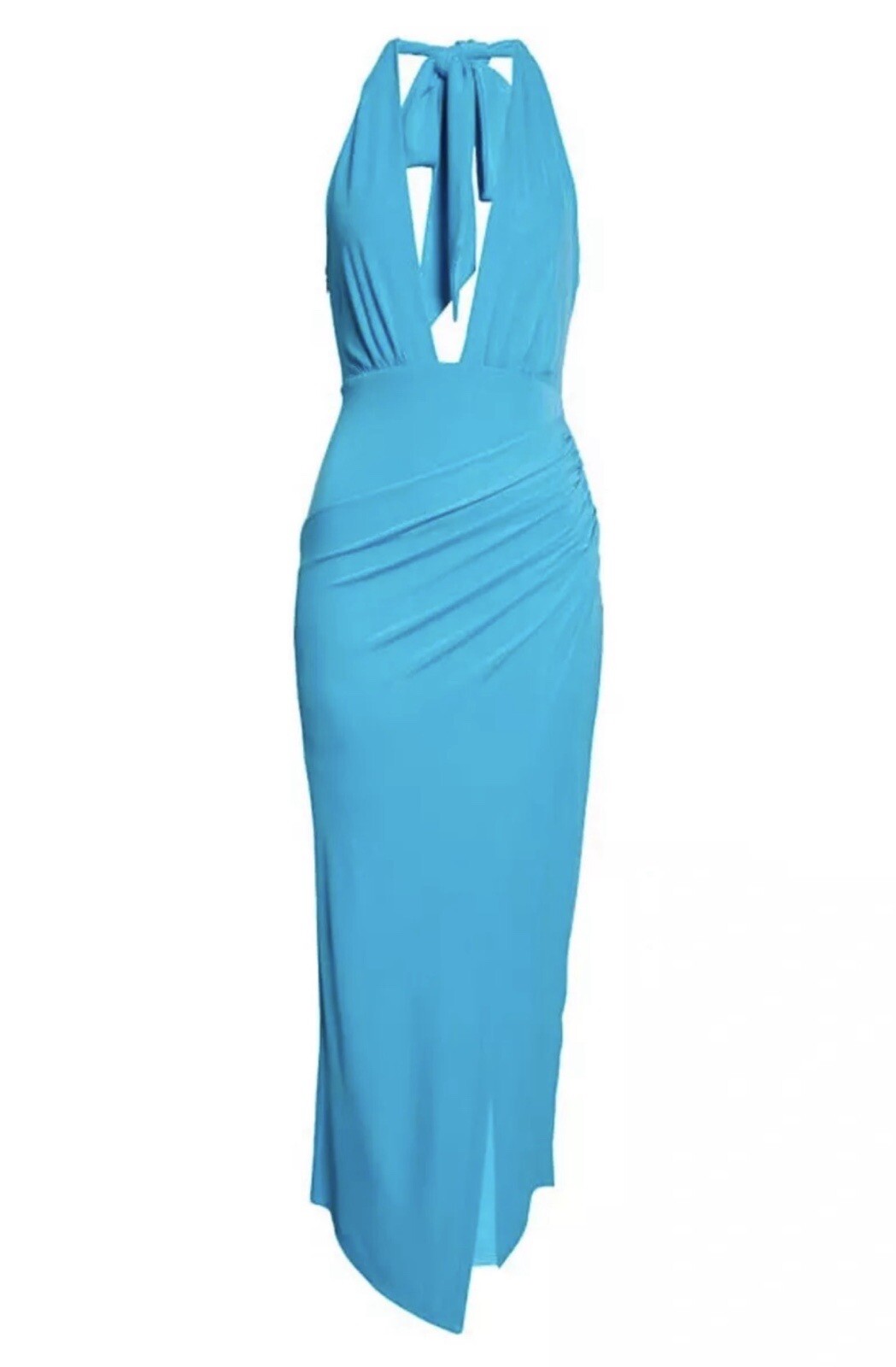 $595 RAMY BROOK Cynthia Halter Plunging Column Gown Dress 10 Lagoon Blue Jersey