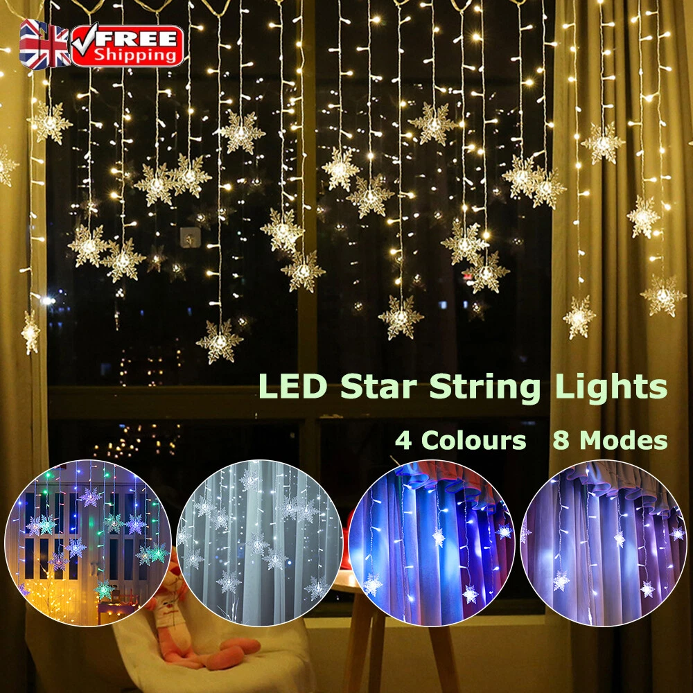LED Snowflake Curtain String Lights Christmas Party Window Fairy Lights UK Plug
