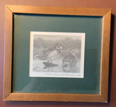 1986 signed Bruce Garrabrandt two duck pencil art framed 10  X 9 