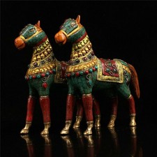 9.06" Collect Tibet copper gold-plated inlay gem Turquoise Horse statue a pair