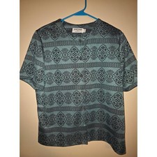 Alfred Dunner Vintage Teal Blue Damask Button Up Blouse Short Sleeve Womens M