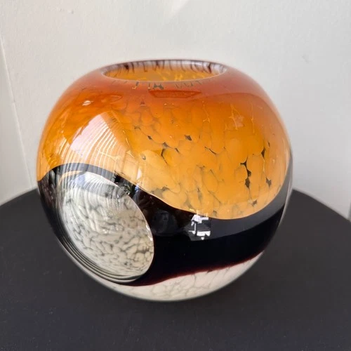 Vintage Art Glass Vase Amber Black White Controlled Bubble Murano Style 1960s