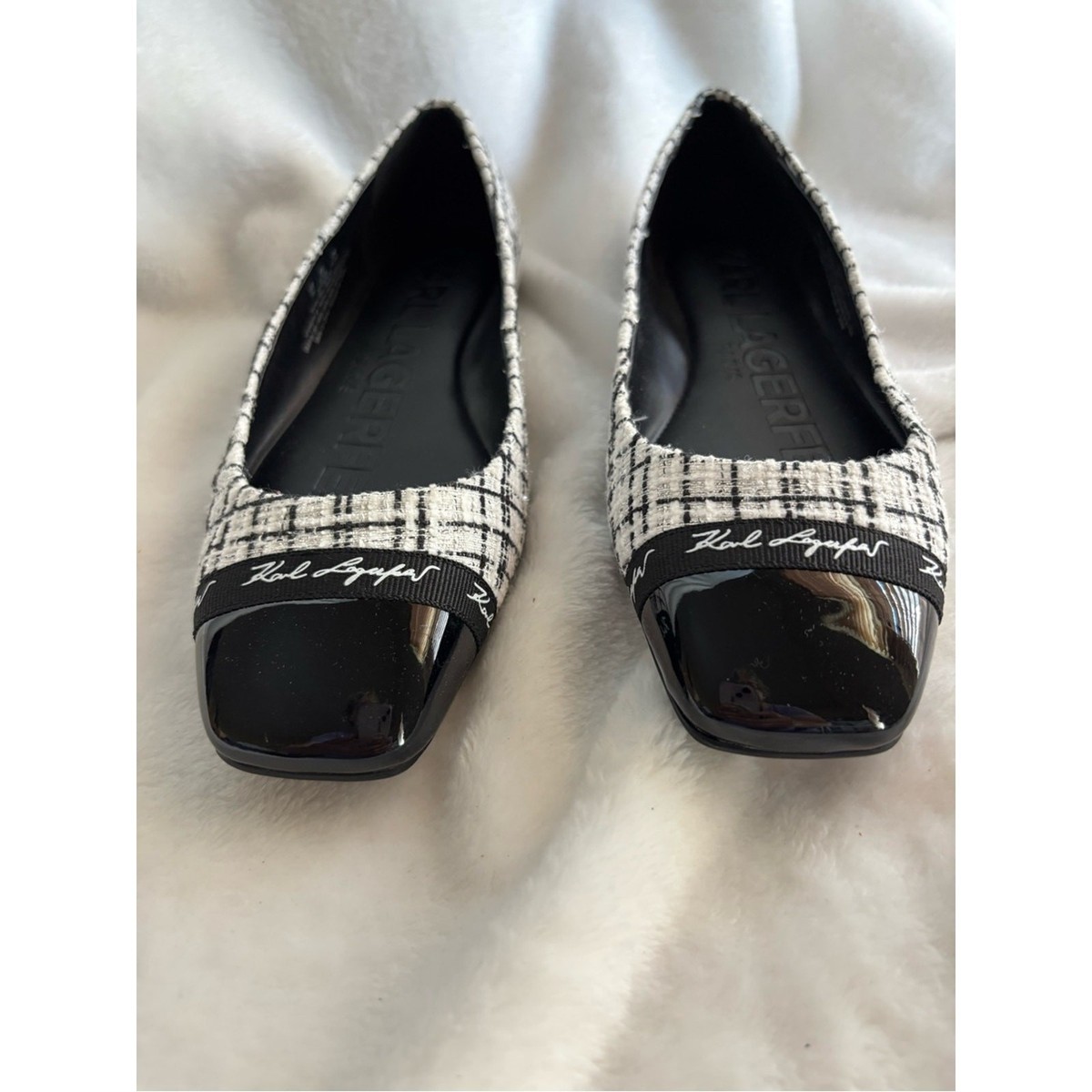 Karl Lagerfeld Paris Zofia Cap Toe Tweed Flats Black/White Size 7M View 3