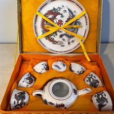 Vintage Chinese Miniature Porcelain Dragon And Phoenix 9-Piece Tea Set In Box