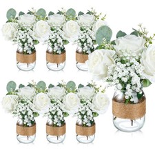 43 Pcs/ 6 Set Rose Mason Jar Table Centerpiece Mason Jar Vases Faux Floral wi...