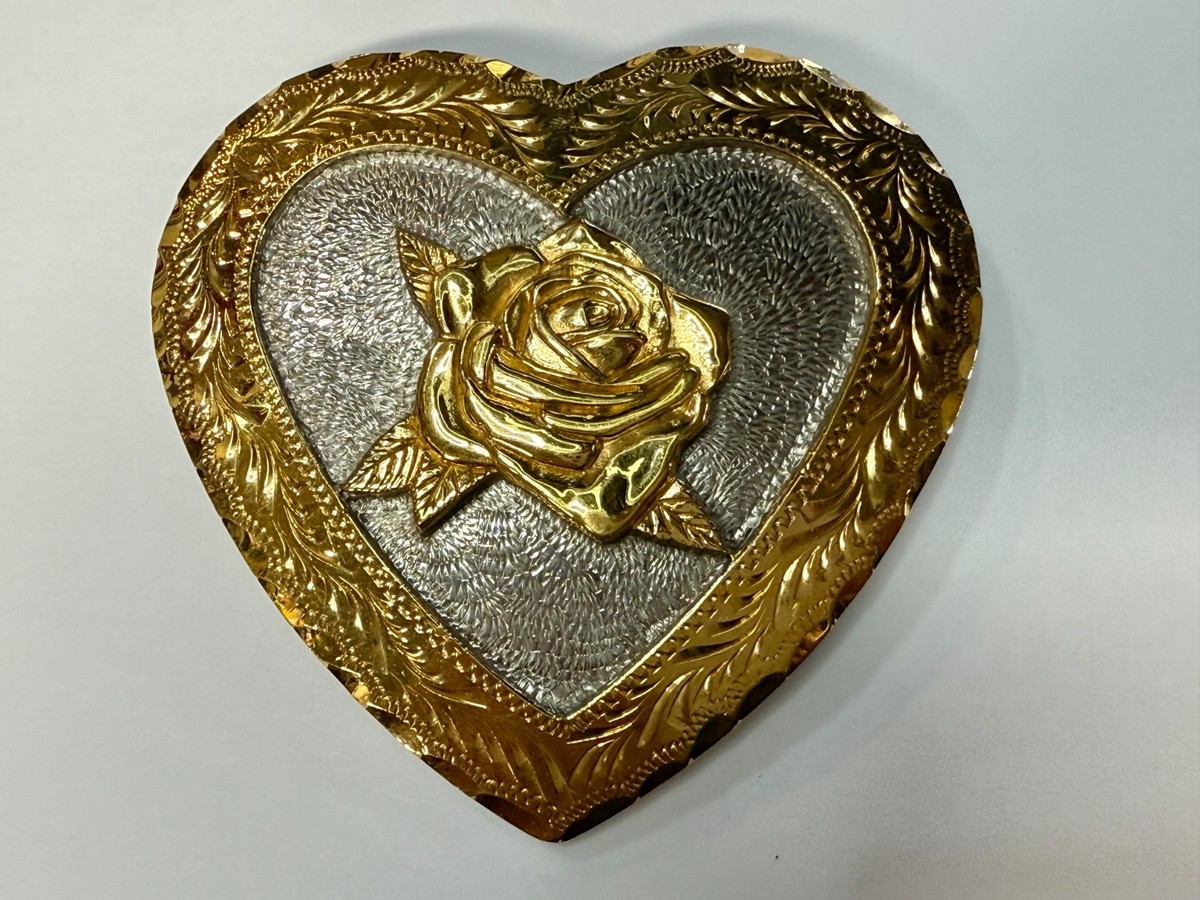 Double Heart Floral Engraved Metal Belt Buckle in Gold with some brown accents Western Antique Double Heart Berry Floral Engraved Belt  main image 2
