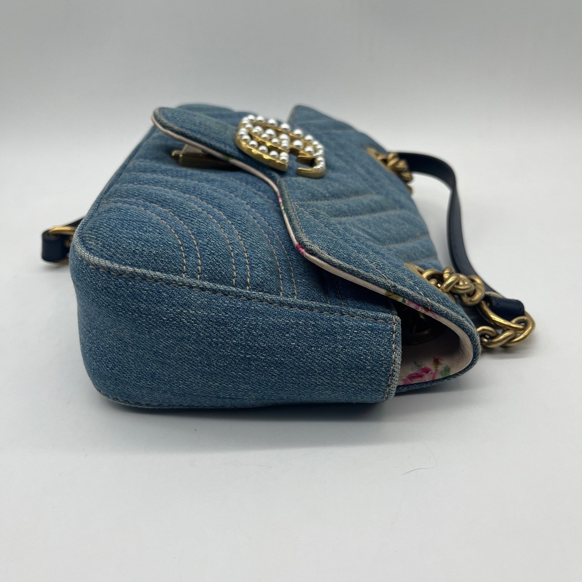 Gucci GG Marmont Chain Crossbody Bag Blue Denim Chevron Quilted