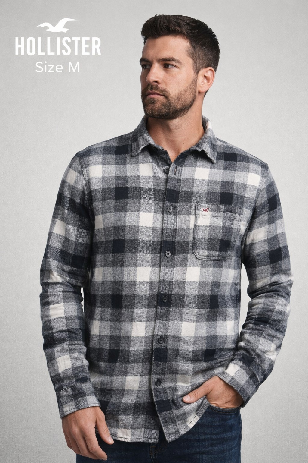 Hollister Men’s Plaid Button-Up Flannel Shirt Black Gray White Size M
