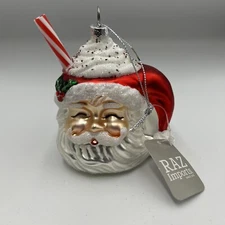 RAZ Santa Whipped Cream Mug Glass Ornament Hot Cocoa 4 Inch Holly Leaf