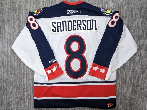 Vtg Columbus Blue Jackets NHL Geoff Sanderson #8 CCM White Jersey Size L Canada - Picture 7 of 15