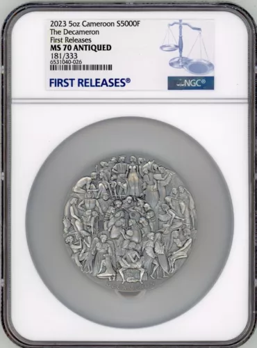 The Decameron High Relief Antique Silver Coin 5000F NGC 70 FR 2023 Cameroon 5 Oz