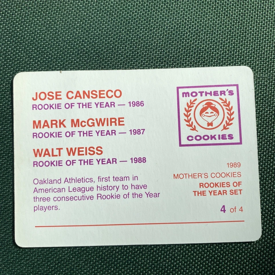 Tarjeta Mother's Cookies 1989 #4 Canseco McGwire Weiss Novatos del Año MLB A's Foto 4 de 4