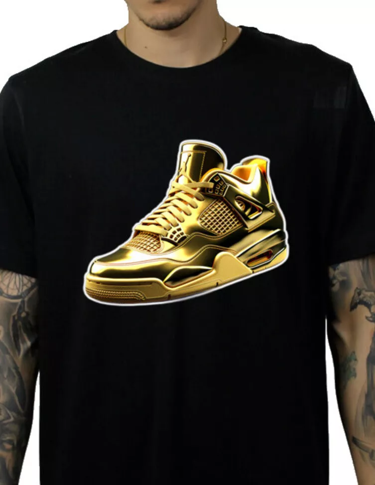 NEW Art Society ARTBAG JORDAN 4 SOLID GOLD SNEAKERS BLACK Tee Shirt SMALL 4XLRGE