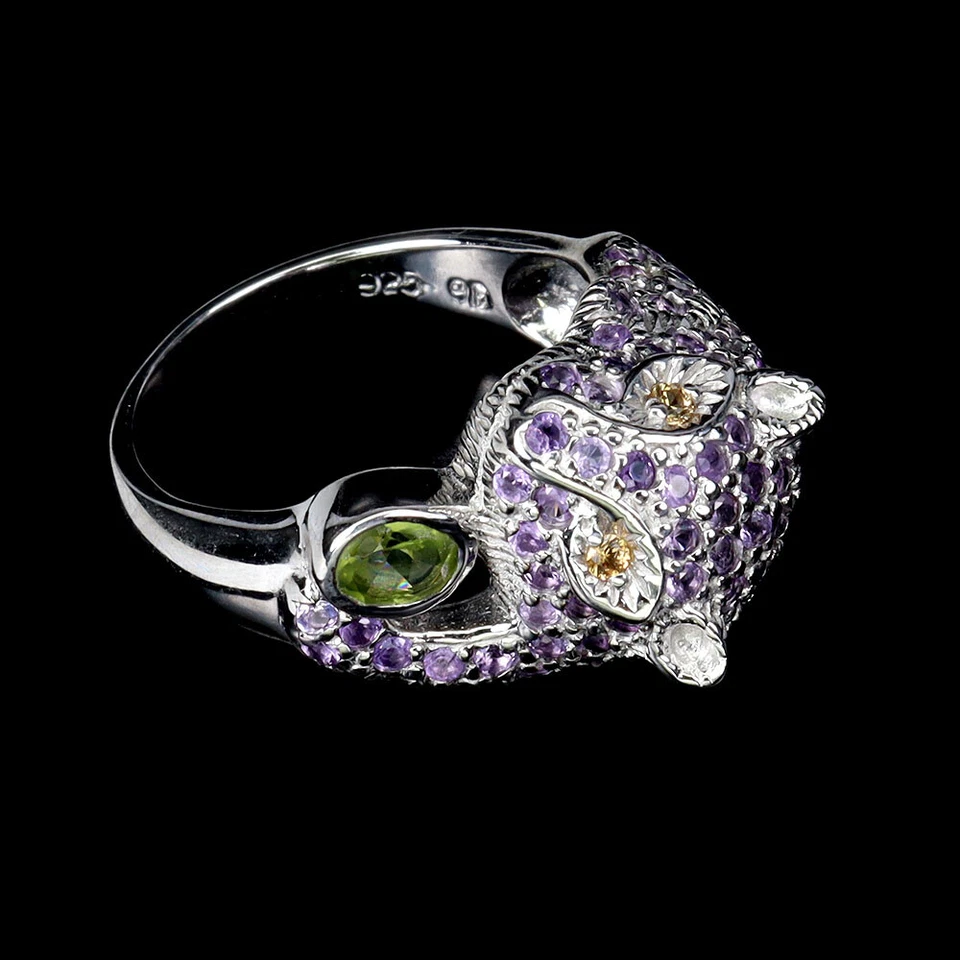 925 Sterling Silver Ring Oval Peridot Rhodolite Sapphire Gemstone Tiger Jewelry - Image 3 of 4