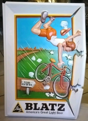 Vintage 1976 Blatz Beer Vacuform Bike Riding Plastic Sign 14”x10”