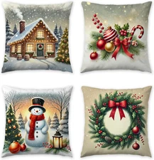 Christmas Pillow Covers 18x18 inch Set of 4, Holiday Winter Outdoor Vintage Tree