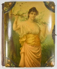 Victorian Photograph Album Celluloid Woman Flowers Music Box 25 Pics O AS IS