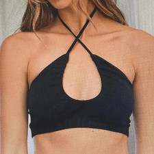 OUT FROM UNDER FOR URBAN OUTFITTERS Black Ribbed Keyhole Halter Bralette Size XS