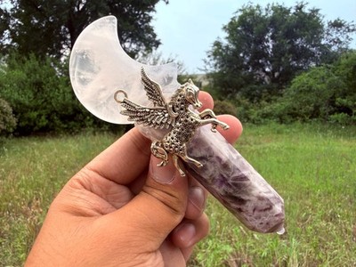 Clear Quartz Moon Dream Amethyst Pegasus Wand Handmade Crystal Scepter Ornament