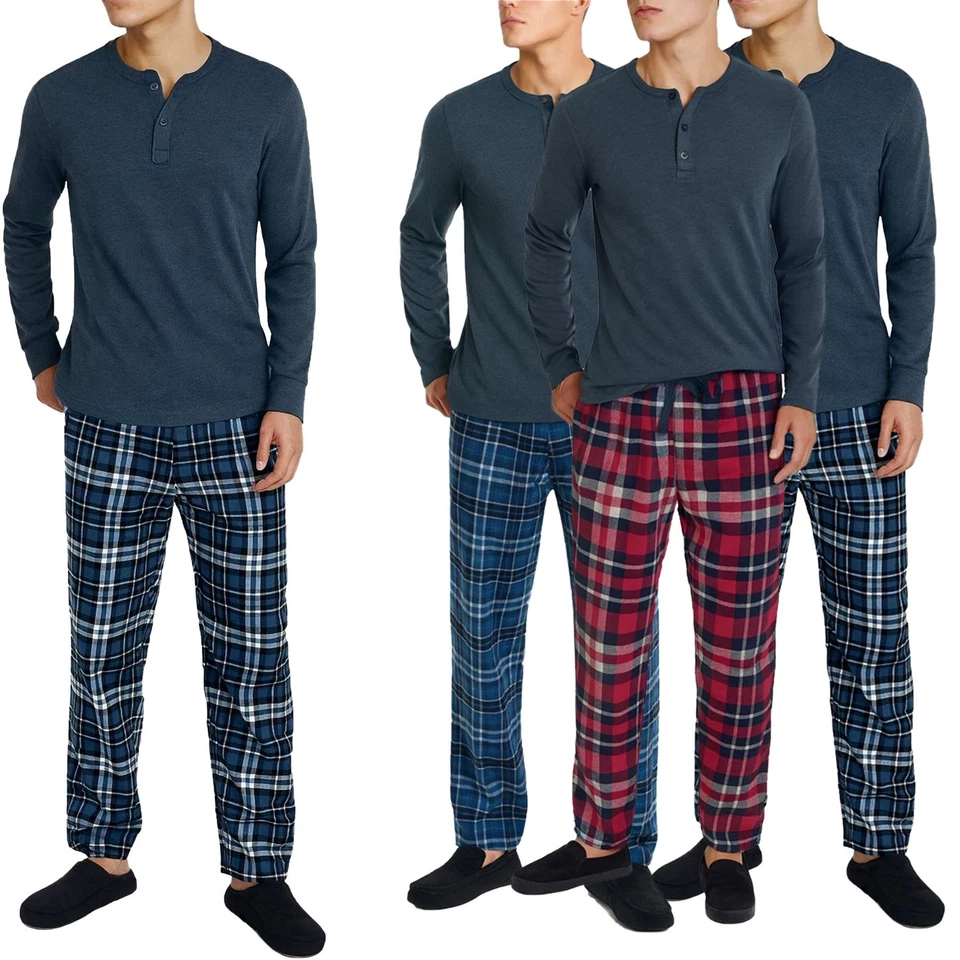 GENERIC Mens Pyjama Set Henley Button T Shirt Loungewear PJ Set Soft Flannel Trousers