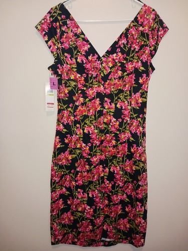 Maggy London NWT Black Pink Retro Floral V-Neckline Cotton Sheath Dress 14 - Picture 3 of 5